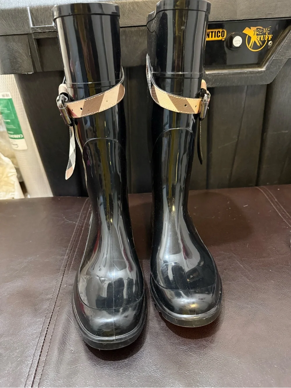 Authentic Burberry Black Rain Boots with Plaid Strap